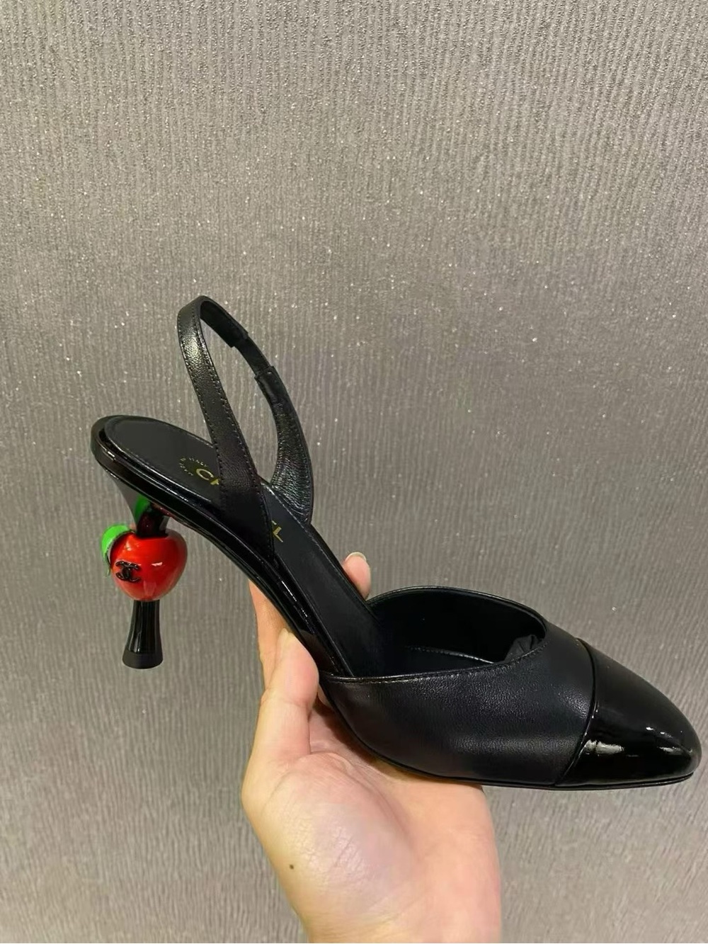 CHANEL Black Slingback Pump with Red Cherry Heel